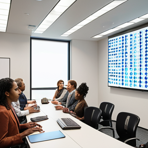 Home 11 **A diverse group of people discussing the ethical implications of genetic engineering, with a focus on ensuring equal access and preventing genetic discrimination. The setting is a modern, bright conference room with visuals representing DNA and human rights.**