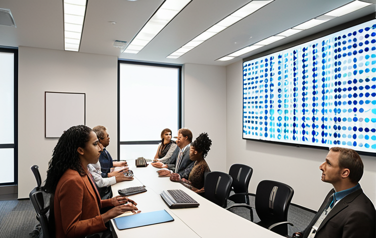 **A diverse group of people discussing the ethical implications of genetic engineering, with a focus on ensuring equal access and preventing genetic discrimination. The setting is a modern, bright conference room with visuals representing DNA and human rights.**