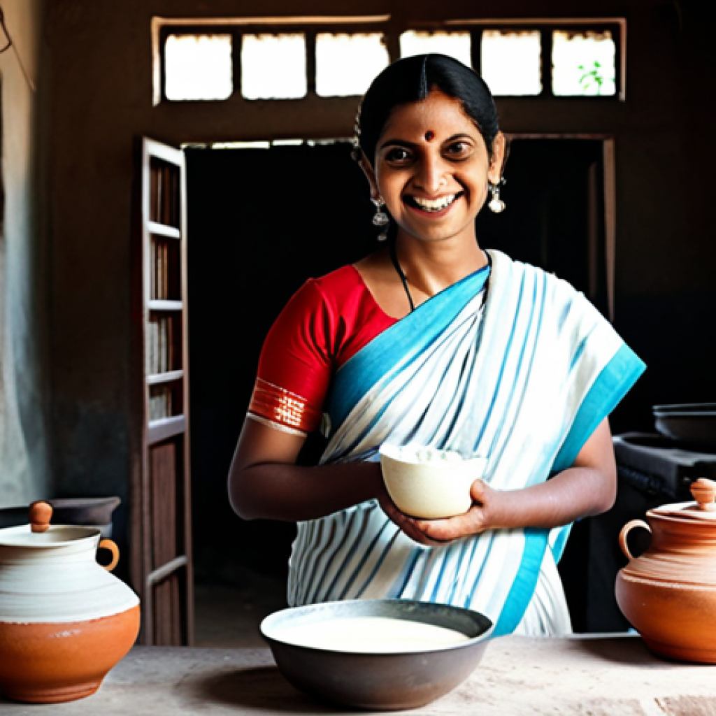 **

"A Bengali woman in a traditional sari, smiling warmly, preparing yogurt (doi) in a rustic kitchen.  Clay pots and fresh milk are visible.  Sunlight streams in.  Safe for work, appropriate content, fully clothed, modest, family-friendly. Perfect anatomy, correct proportions, natural pose, well-formed hands. High quality, detailed."

**