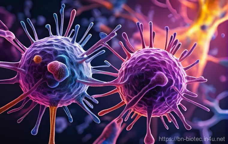 항암제 개발 전략 - Immunotherapy: Empowering the Body's Defenders**
"A dynamic and vibrant microscopic view of a human...