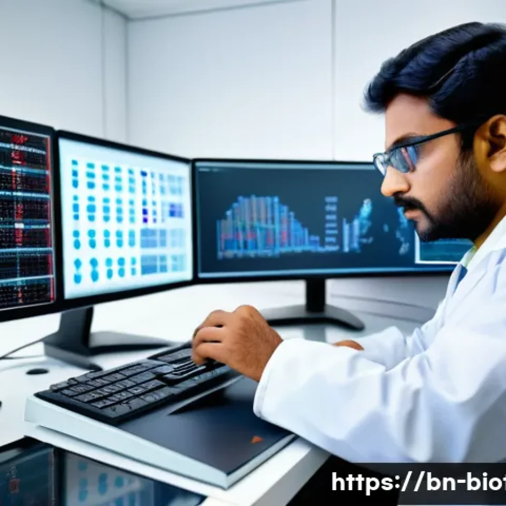 단백질 구조 예측 - A highly detailed scientific laboratory scene showing a Bengali researcher analyzing a 3D protein st...