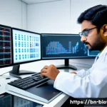 Home 22 단백질 구조 예측 - A highly detailed scientific laboratory scene showing a Bengali researcher analyzing a 3D protein st...