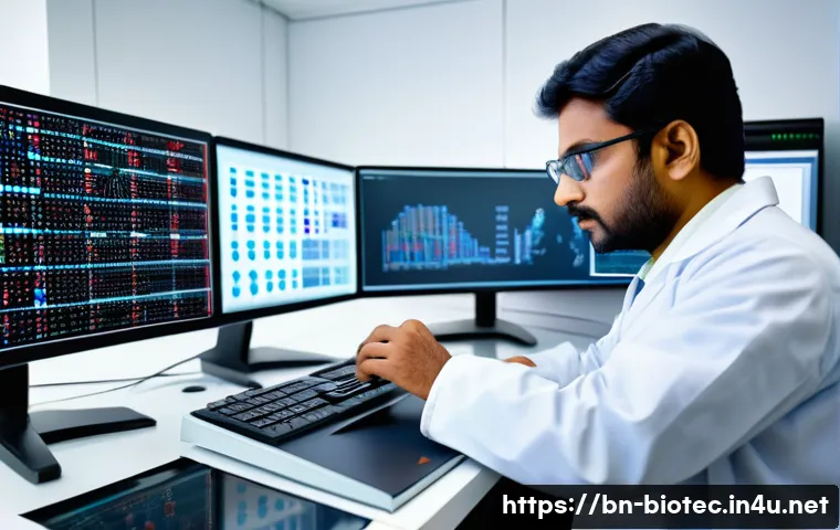 단백질 구조 예측 - A highly detailed scientific laboratory scene showing a Bengali researcher analyzing a 3D protein st...