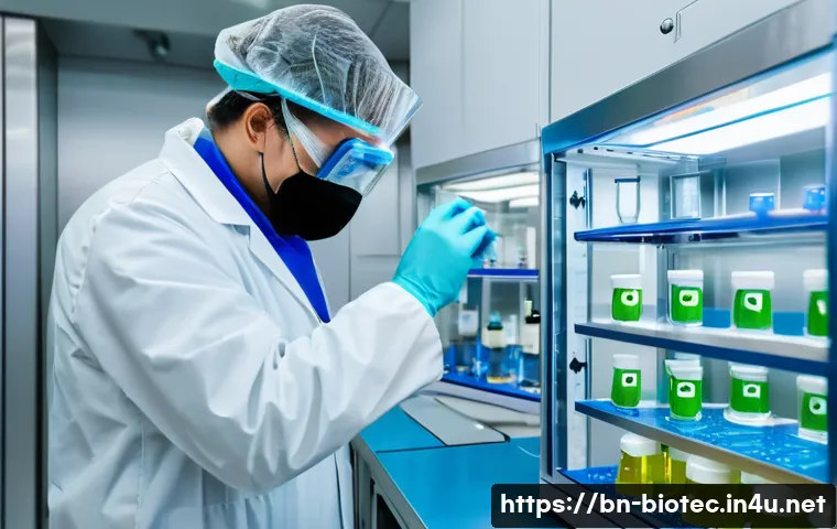 세포치료제 품질 관리 - A sterile laboratory setting focused on cell therapy preparation: a scientist wearing full personal ...