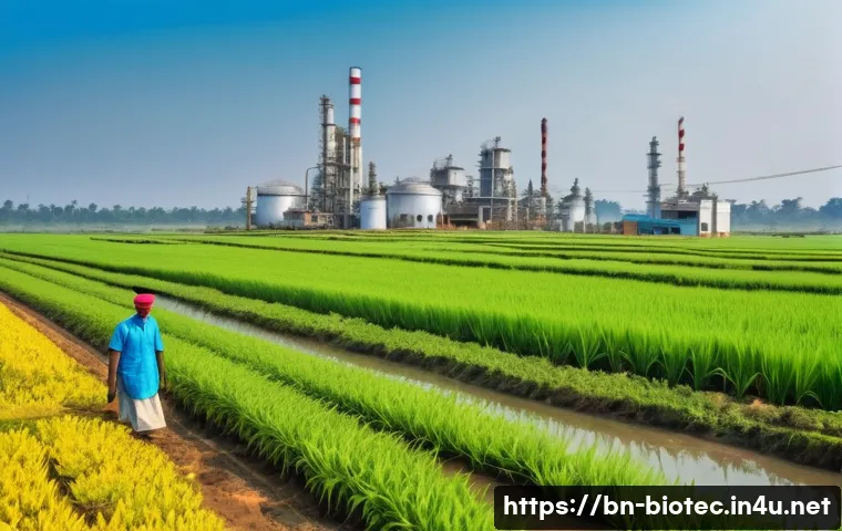 바이오리파이너리 개념 - A vibrant rural bio-refinery scene in Bangladesh, showcasing lush green fields with farmers collecti...