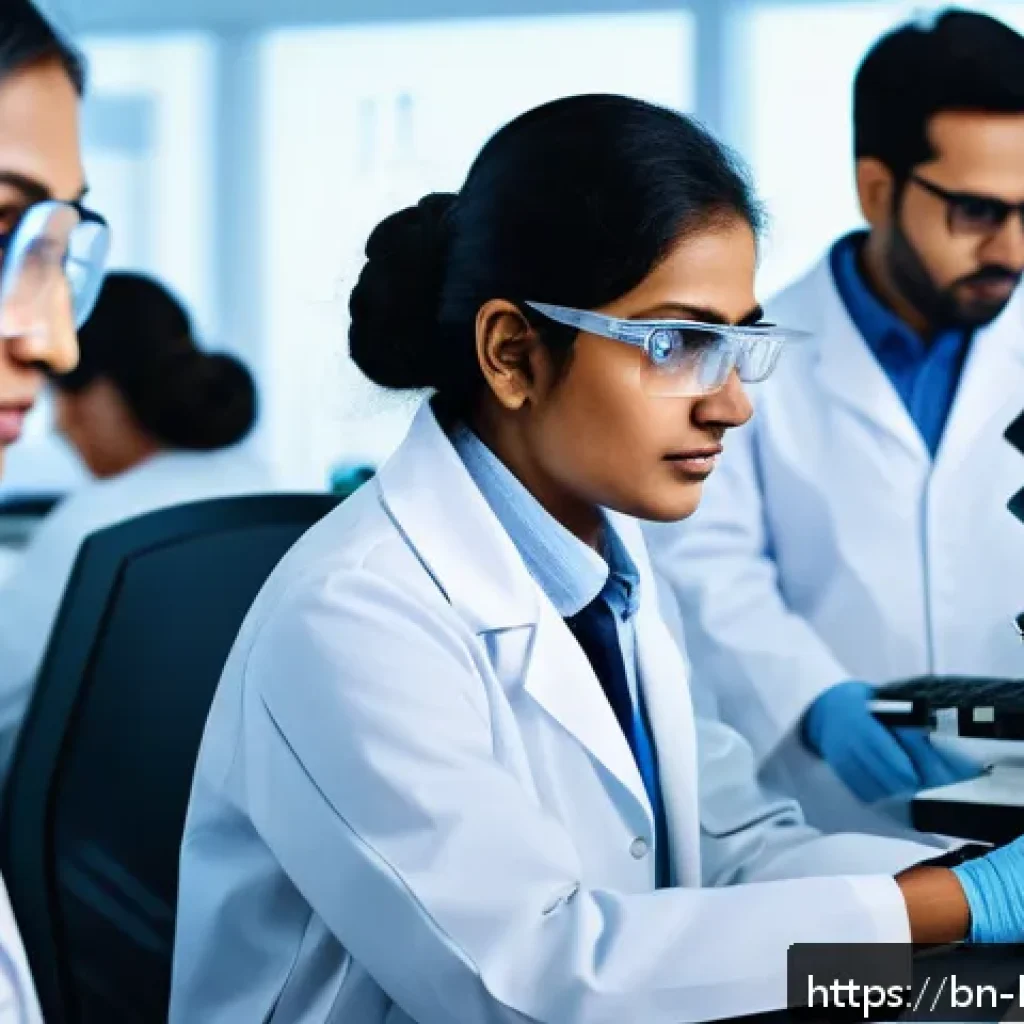 바이오 기술 특허 전략 - A professional laboratory setting featuring a diverse team of Bengali scientists analyzing genetic b...