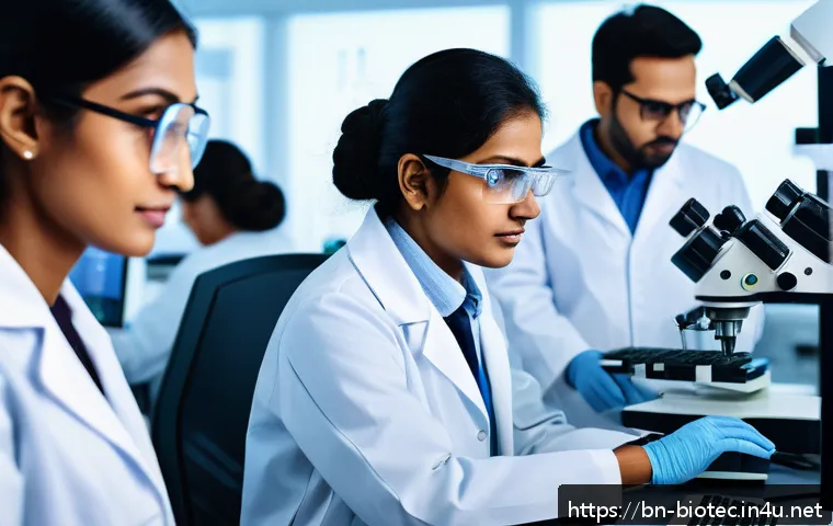 바이오 기술 특허 전략 - A professional laboratory setting featuring a diverse team of Bengali scientists analyzing genetic b...