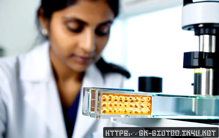 바이오나노기술과 약물전달 - Photorealistic biomedical laboratory scene, close-up of a transparent microfluidic chip holding tiny...