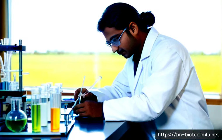 Home 17 미생물 유전체 편집 - Photorealistic microbiology laboratory scene, a South Asian scientist in clean protective eyewear an...