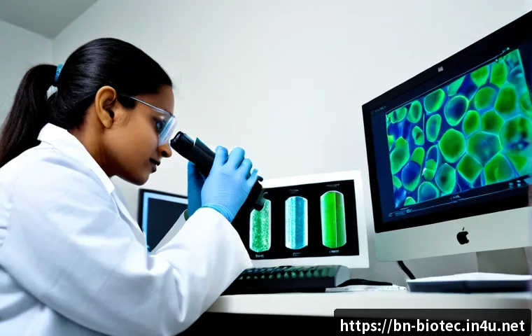 세포 이미지 분석 기법 - Photorealistic biomedical laboratory scene, Bengali female scientist in a clean white lab coat exami...